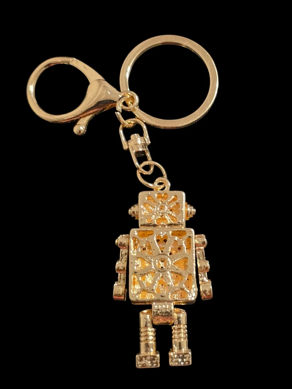 Gold Robot Bag Charm Keychain with Rhinestones